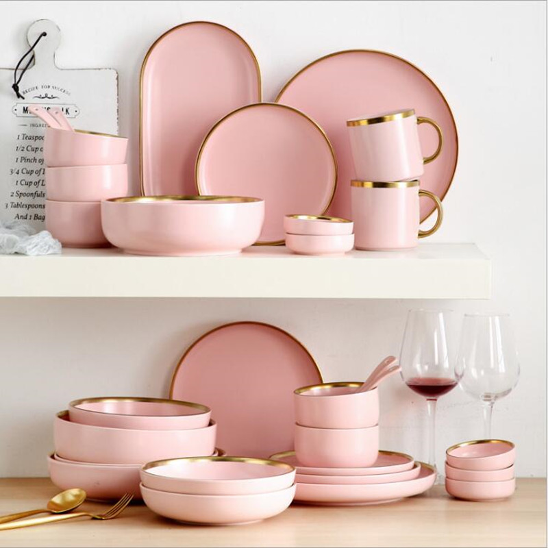 Porslinsmiddagstallrik Set Rosa Guld Kant Keramik Servis Maträtter Ris Sallad Nudlar Skål Mugg Bestick Set 1 st