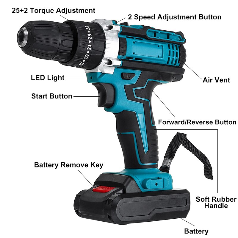 48V Cordless Impact Drill Electric Screwdriver Hammer Drill 25+3 Turque Power Screw Driver Tools with 2 Li-ion Battery