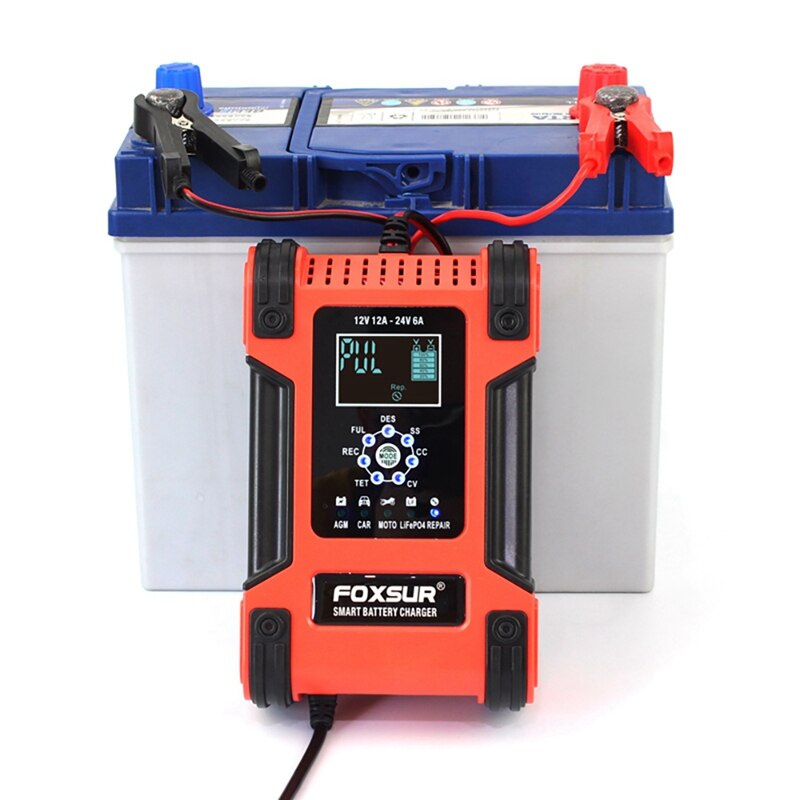 FOXSUR – chargeur de batterie automobile à 7 niveaux, 12V, 12a, 24V, 6a, avec écran LCD, pour voiture, moto, bateau