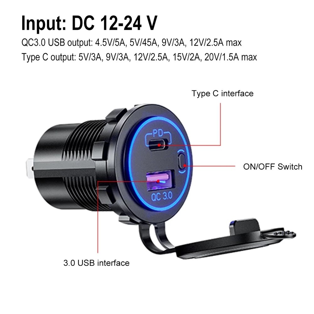 60w pd type c /qc 3.0 usb-laturi painikekytkimellä led volttimittarin pistorasia pikalataus 12v 24v auton kuorma-auton moottoripyörän rv:lle
