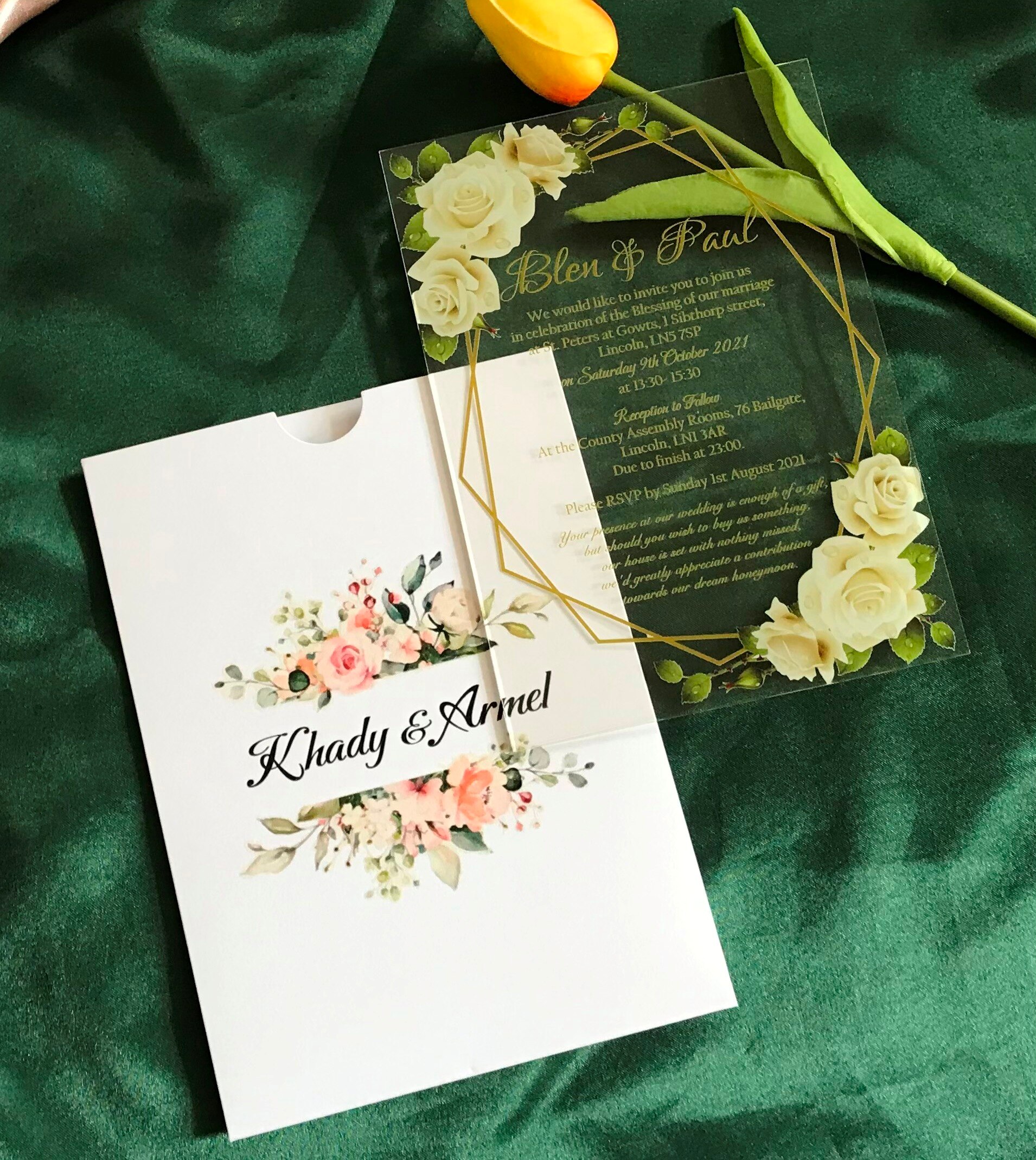 Gold Peony,Rose Flower Acrylic Wedding Invitation,Green Acrylic Invitation,Floral Pocket Envelopes,Custom 10pcs Gold Ink Invite