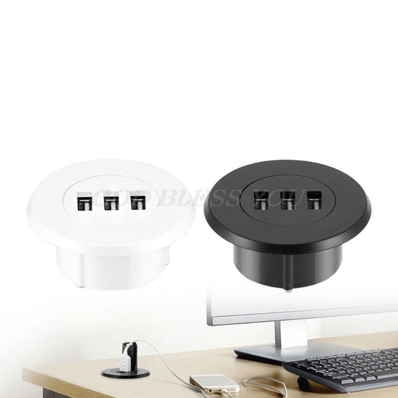 5cm gennemføring hul i skrivebord montering 3 porte usb 2.0 hub til bærbar pc computer: Sort