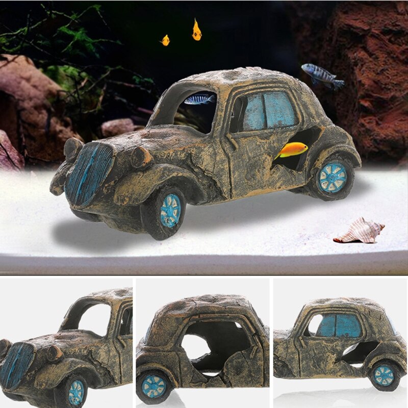 Wreck Car Aquarium Resin Decorations for Fish Tank Aquarium Ornament Simulation Vehicle Cave Hideout for Shrimp Fish