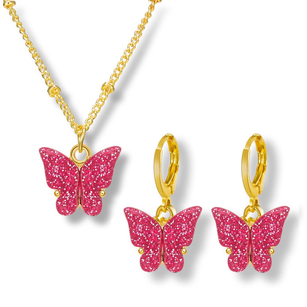 Ensemble de bijoux pendentif papillon en acrylique, scintillant, adorable ensemble de boucles d'oreilles et collier, de Style japonais et sud-coréen: pink