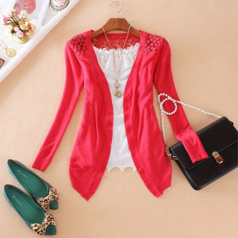 Vrouwen Lady Hollow Kant Gebreide Sweet Candy Kleur Crochet Knit Blouse Top Coat Trui Vest Lange Mouwen Slanke Dunne Out jas: R