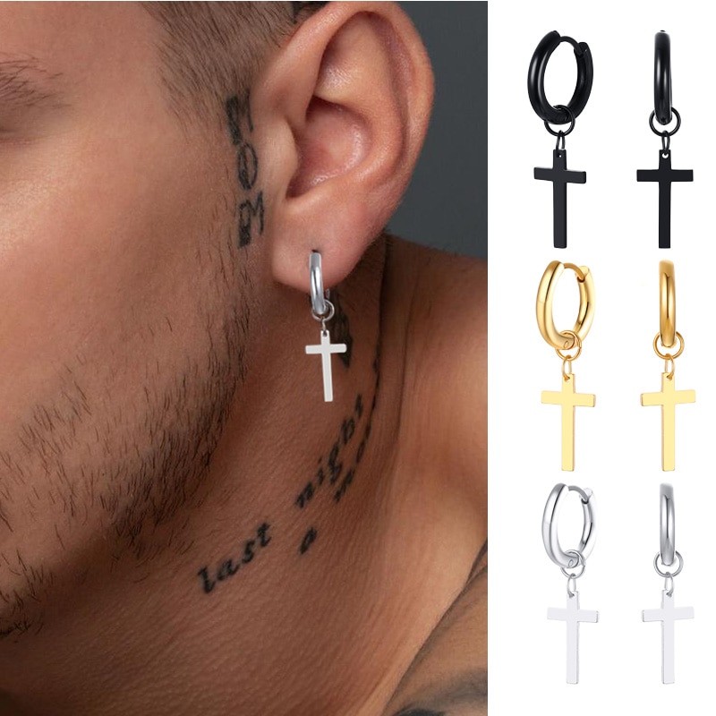 Pendientes con de cruz para hombre, aretes de acero inoxidable con abalorio colgante, joyería masculina