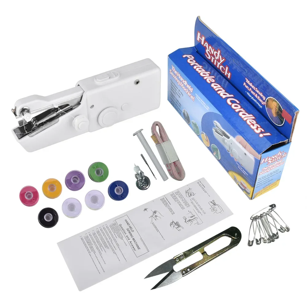 Portable Sewing Machine Mini Handheld Stitch Sew Needlework Cordless Clothes Fabrics Household Electric Sewing Machine: Silver