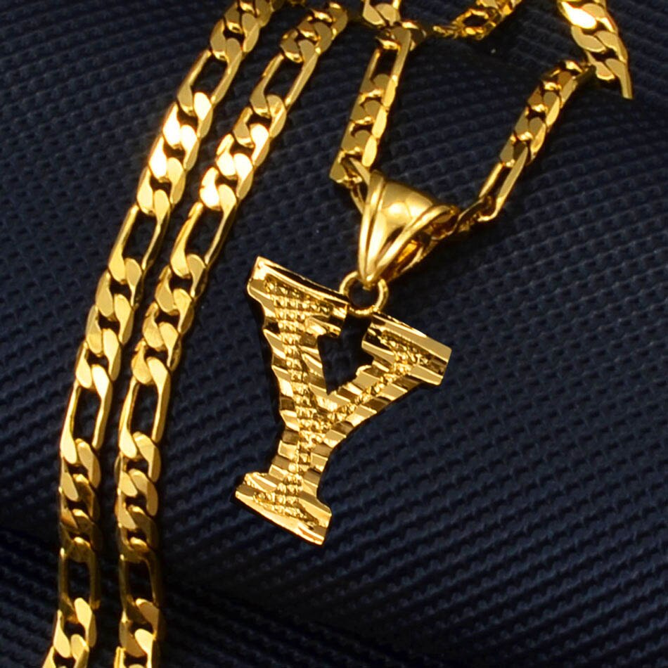 Anniyo A-Z Letters Pendant Necklaces for Women Men Girls English Initial Alphabet Figaro Chains Gold Color Jewelry #058002S