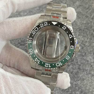 40Mm Transparante Bodem Horloge Case + Zand Riem Strap Extension Gesp Platte Saffierglas Geschikt Voor NH35/NH36 beweging: Black Green GMT