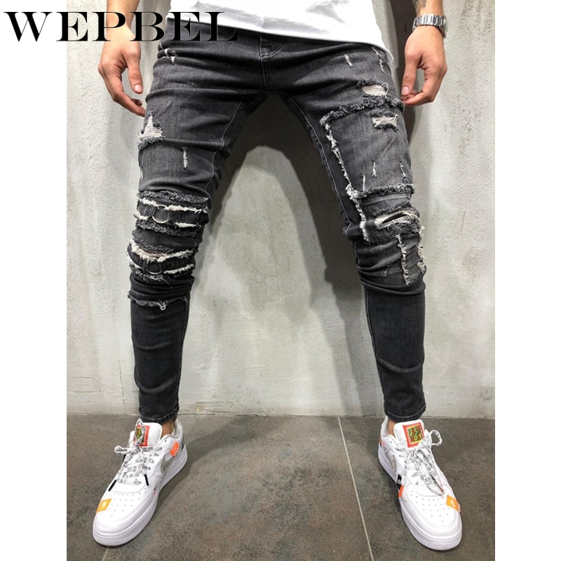WEPBEL rue Hiphop hommes genou trou Stretch Denim pantalon déchiré mendiants Punk gothique maigre fond fermeture éclair Biker jean
