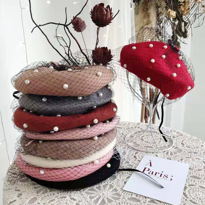 Lady Autumn Winter Berets Hat Pearl Lace Veil Painter Hat Women Sweet Vintage Berets Caps Female Bonnet Warm Walking Cap