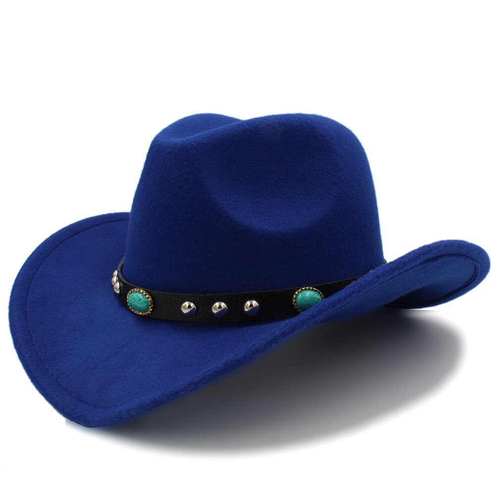 Kvinder uld hule vestlige cowboy hat roll-up bred skygge dame jazz sombrero hombre cowgirl kasket med punk bælte størrelse 56-58cm: Blå
