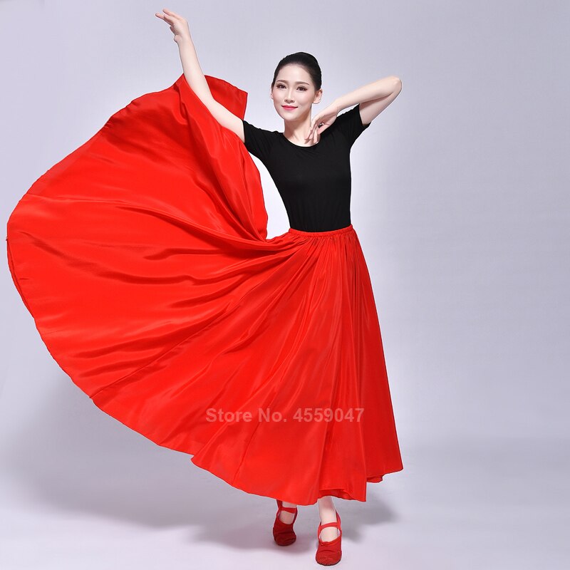 Spaanse Flamenco Rok Vrouwen Gradiënt Fading Kleur Smooth Glossy Luxe Elegante Grote Swing Dance Kostuum Meisjes Buik Maxi Jurk: Red / 540degree