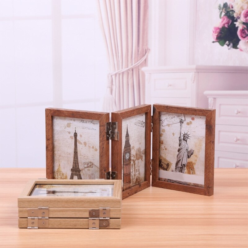 Retro double-sided triple-fold composite photo frame Hinged Picture Frame with Glass Front Made to Display Stands Verti