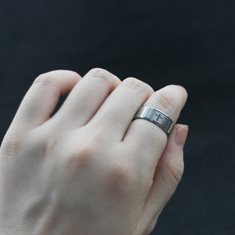 Men's Stainless Steel Cross Scripture Ring Silver Color Male Charming Jewelry Smooth Finger Rings