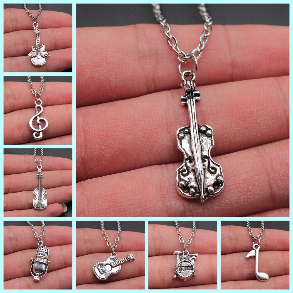 Musical Jewelry For Women Men Girl Boys Musical Note Microphone Drum Guitar Violin Pendant Necklace Antique Silver Color