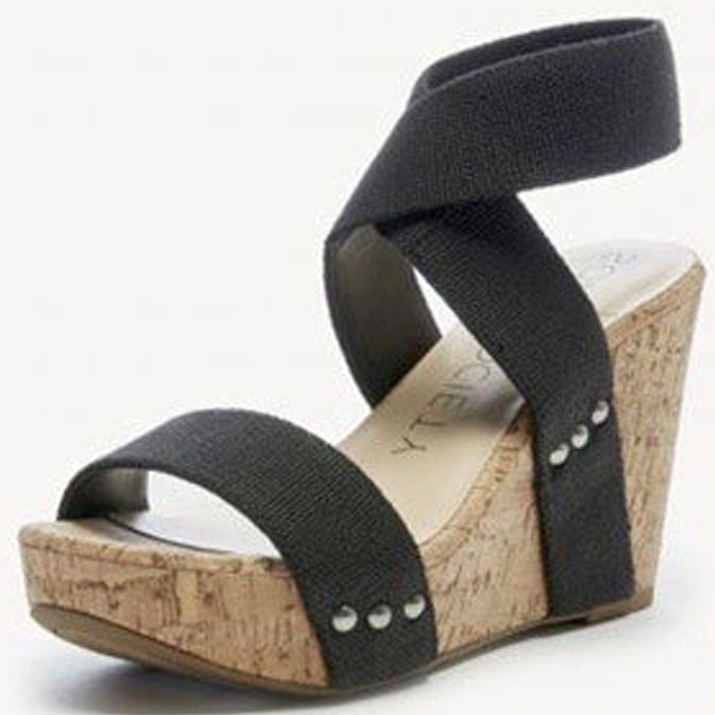 SARAIRIS Big size 43 Wood platform high heels elastic band wedges sandals female summer shoes women: Black / 9.5