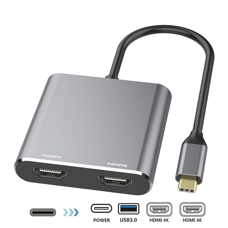USB C à double adaptateur HDMI 4K 4 en 1 Type C à double Port HDMI USB 3.0 pour MAC OS Windows Android Linux USB C appareil