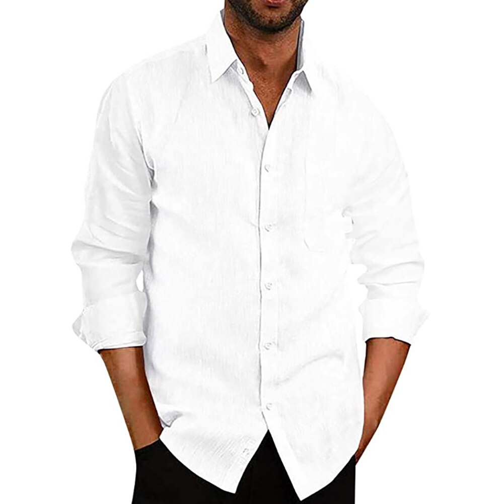 Heren linnen overhemd casual herfst lange mouw omslagkraag knopen kantoor overhemd overhemd top plus size losse overhemden tops: Wit / M