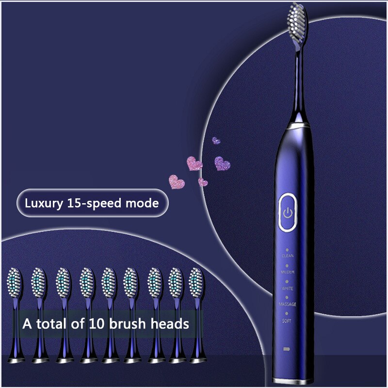 Xiaomi mijia escova de dentes elétrica ultra sônica adulto cronometrado 5 modo carregador usb recarregável substituição conjunto cabeça: Blue 10 Brush Head