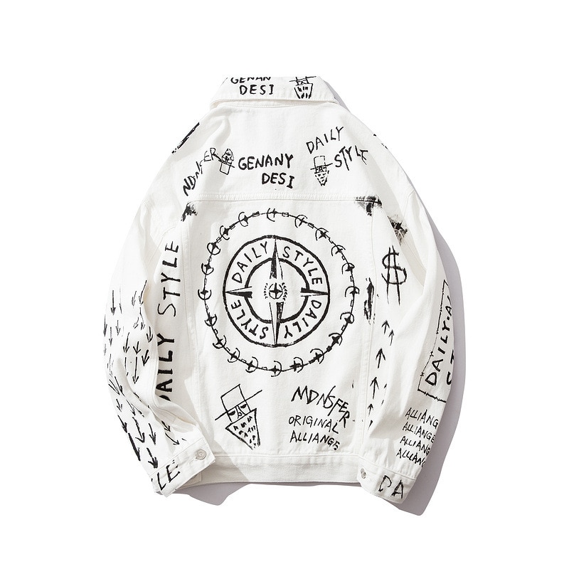 Ropa informal estilo Hip Hop para hombre, chaqueta vaquera con estampado de grafiti, Pantalones vaqueros de gran tamaño, Chaqueta de algodón informal blanca, R2155