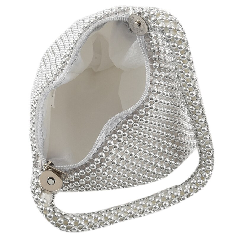 Small Soft Body Beaded wristlet Pouch Shaped Clutch evening Bag change purse bag-Silver