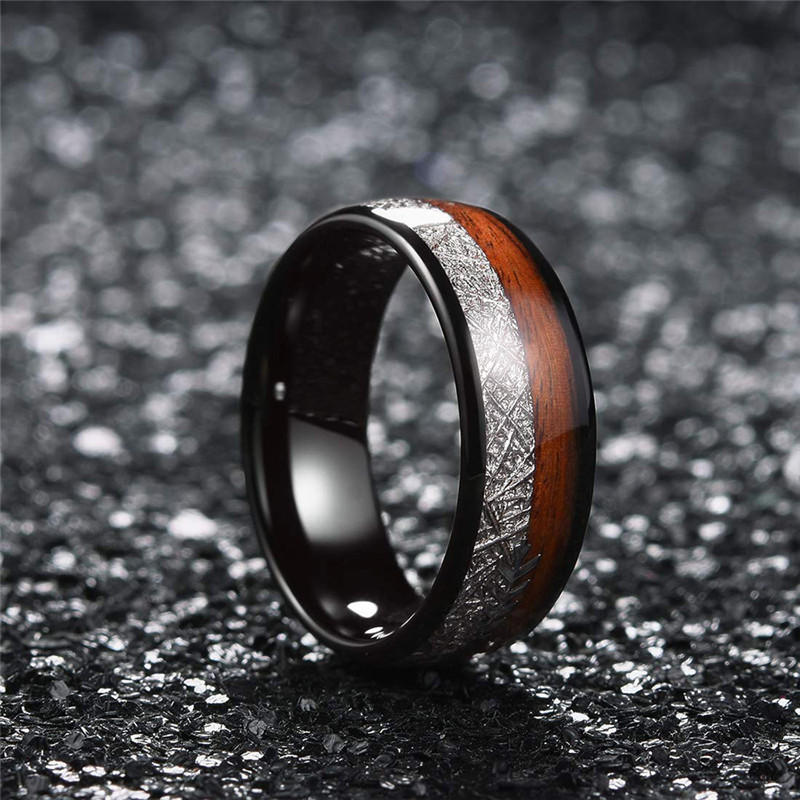 8Mm Binnenwand Zwart Roestvrij Stalen Ring Meteoriet Hout Ingelegd Pijl Engagement Ring Wedding Ring Voor Hem