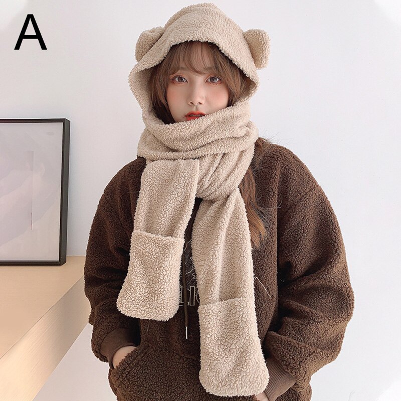 Korean Women Fluffy Plush Warm 3 In 1 Hooded Scarf Hat Gloves Set Cute Cartoon Cat Ears One-Piece Winter Windproof Earflap Cap: khaki