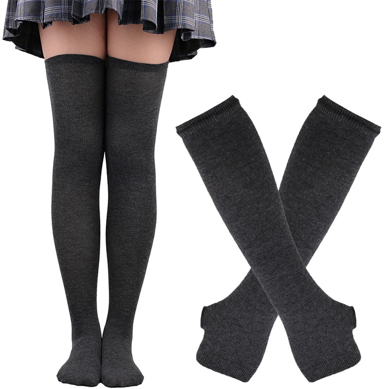 1 Set Women Gothic Punk Over Knee Long Stripe Socks Arm Sleeve Gloves for Girl Thigh High Cotton Socks Sweet Cute Christmas: Dark Grey