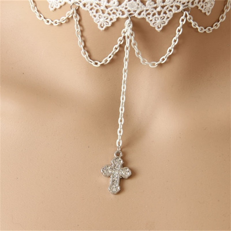 Yiyaofa vintage witte kanten ketting met kruishanger en choker voor dames, accessoires, gothic, dames, feestsieraden, kraag, gn -72
