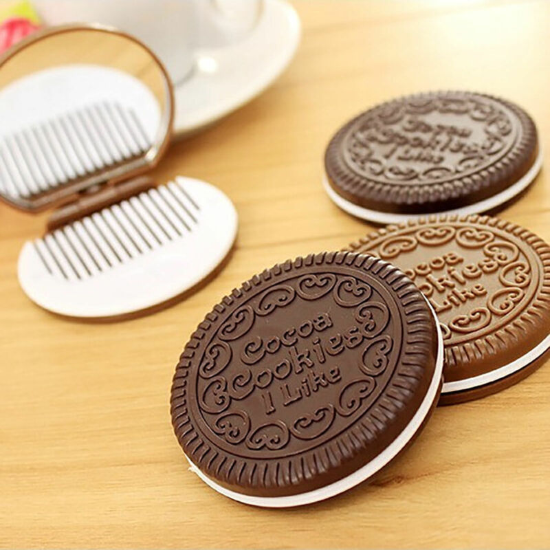 Leuke Chocolade Cookie Spiegel Compact Kam Vormige Creatieve Make-Up Spiegel Met 1 Kam Set