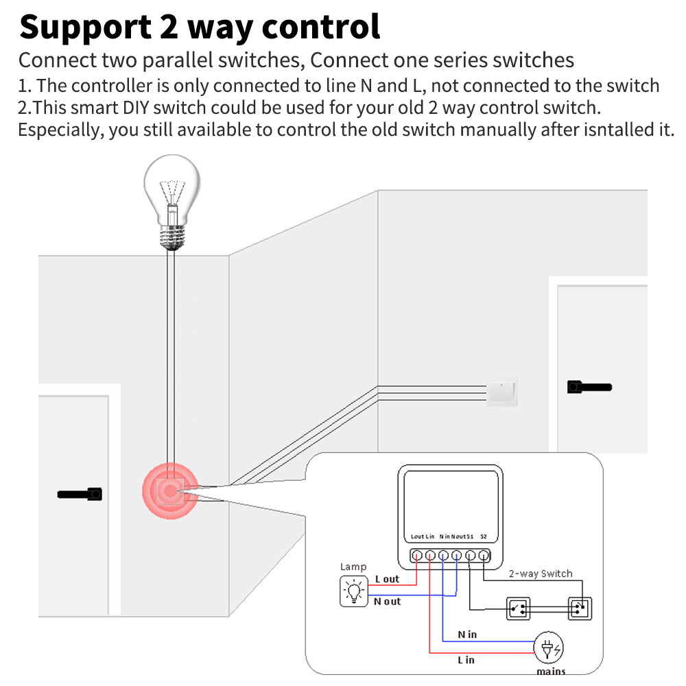 Wifi Mini Smart Switch 16A DIY Light Switch 2 Way Wireless Control Smart Home with Tuya Smart Life Alexa Alice Google Home