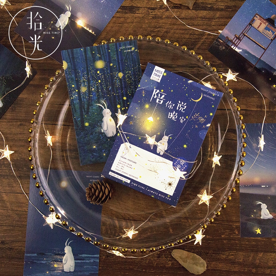 30 unids/set buenas noches con usted luminoso postal noche estrellada tarjetas de felicitación Tarjeta de mensaje de Navidad y Año