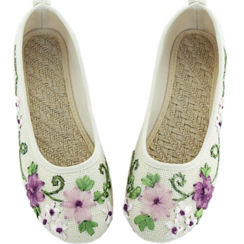 National Hemp Linen Women Flats Casual Shoes Ladies Flower Embroidered Shoes Mother Flat Shoes Female SNE-670: White / 6