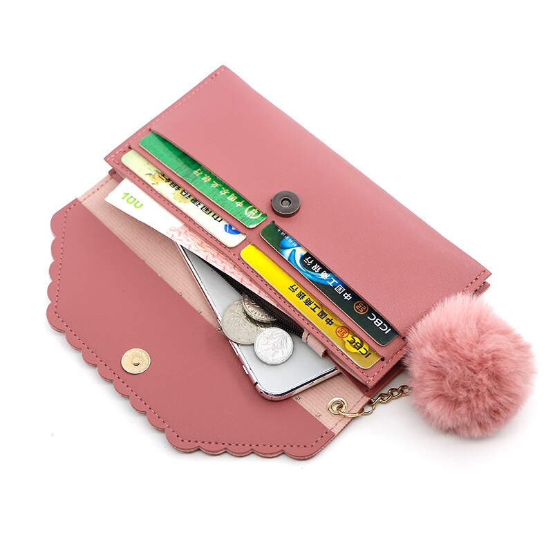 Wallet For Women Retro Rivet Hasp Long Ladies Wallet Card Purse PU Leather Wallet With Fur Ball Ornaments Phone Bag