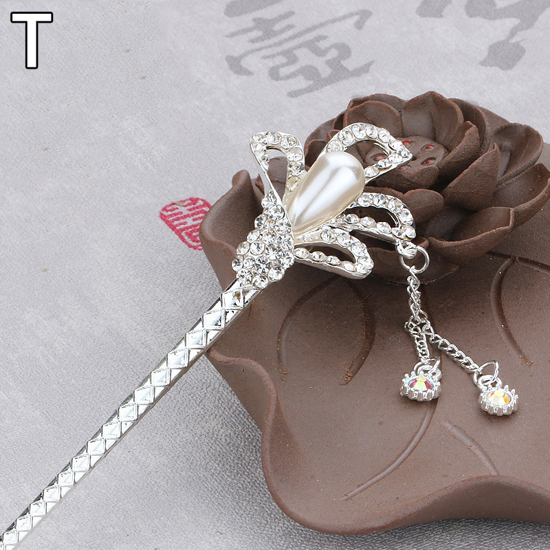 Vintage Chinese Style Hair Stick metalowe pałeczki Rhinestone kobiety Tassel kwiat perłowy spinka do włosów spinka do włosów biżuteria akcesoria: T