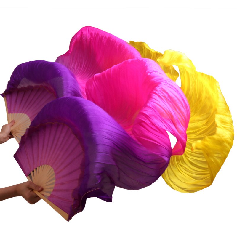 1 par de abanicos del baile, varillas de bambú, accesorios para actuación en escenario de seda Natural, abanicos para danza del vientre, abanicos de seda púrpura + Rosa + amarillo
