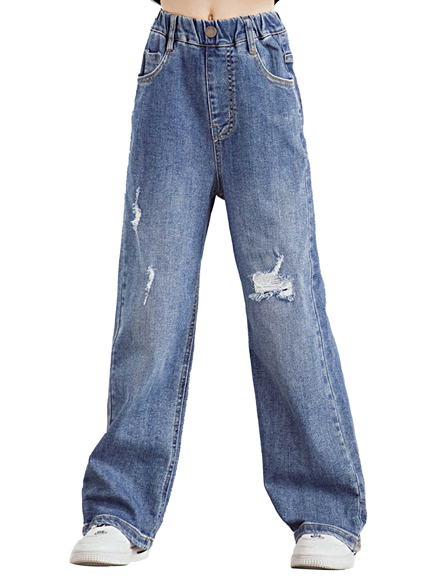 Kids Meisjes Jeans Stijlvolle Kleding Elastische Tailleband Denim Ripped Wijde Pijpen Casual Broek Met Multi-Zakken Kids Slipje Herfst