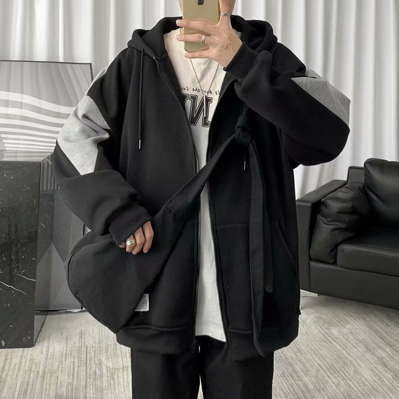 Hong Kong style ins cardigan thin sweater men's Korean style loose stitching top hip-hop casual hooded jacket men's trend