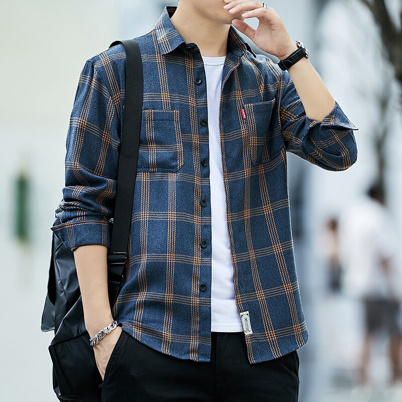 Herr flanell rutig skjorta 100%  bomull vår höst ledig långärmad skjorta mjuk komfort slim fit stilar varumärke man plus size