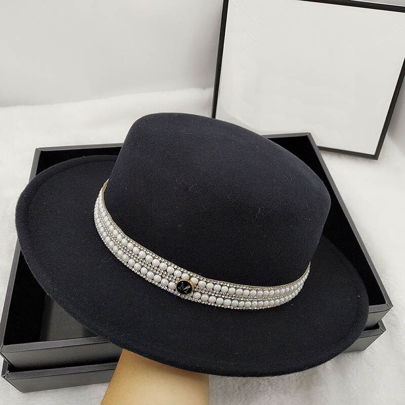 Sombrero plano con diamantes de imitación para mujer, gorro de lana de con diamantes de imitación, estilo inglés, para otoño e invierno, QDKPOTC,: Negro