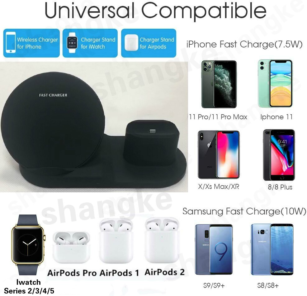 Trådløs oplader ladestander 3 in 1 til apple watch og airpods pro qi hurtig trådløs opladerstation kompatibel til iphone 11