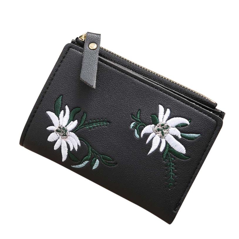 Embroidery Short Wallet Leather Clutch Wallets Female Floral Hasp Coin Purse Small Zipper Bag Credit Card Holders