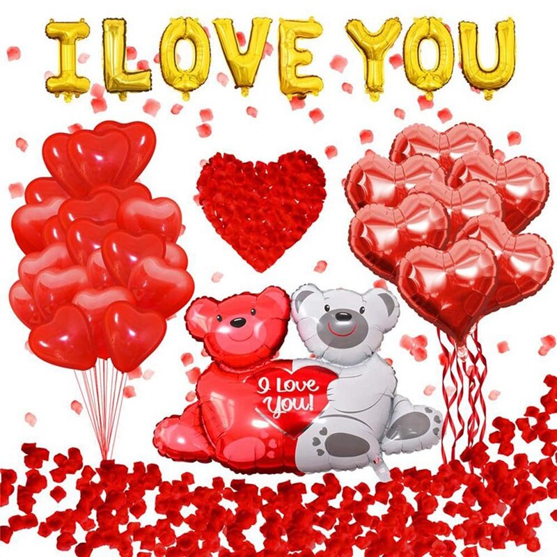 Ballons LOVE YOU en soie en forme de cœur, décoration de fête, Kit avec pétales de Rose: Default Title