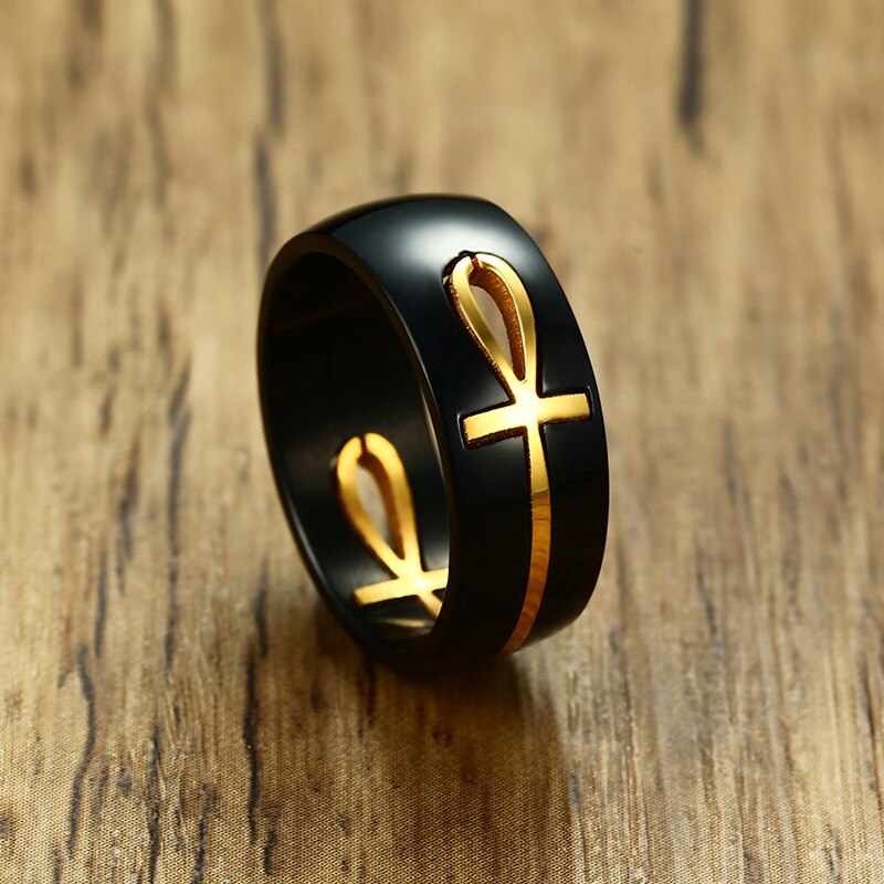 Mode Two Tone Uitgesneden Ankh Egyptische Kruis Ring Voor Mannen Roestvrij Staal Afneembare Allah Zwart Religieuze Band Mannelijke Sieraden