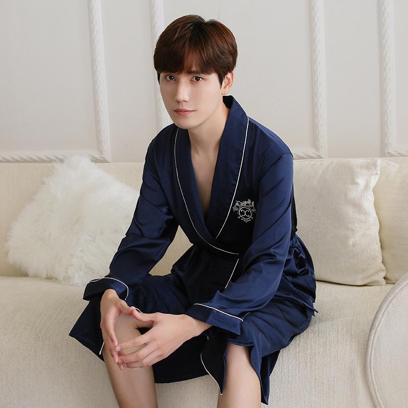 Navy Blue Mens Kimono Sleep Robe Short Pants Pajamas Suit Spring 2PC Sleepwear Sets Casual Home Wear Nightwear Bath Gown L-XXL: Navy Blue / L