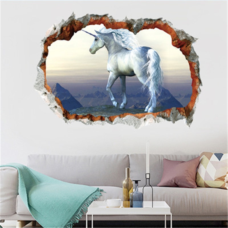 3D White Unicorn Wall Stickers For Kids Rooms Living Room Vinly Wall Decals Baby Bedroom Decorative Stickers Muursticker
