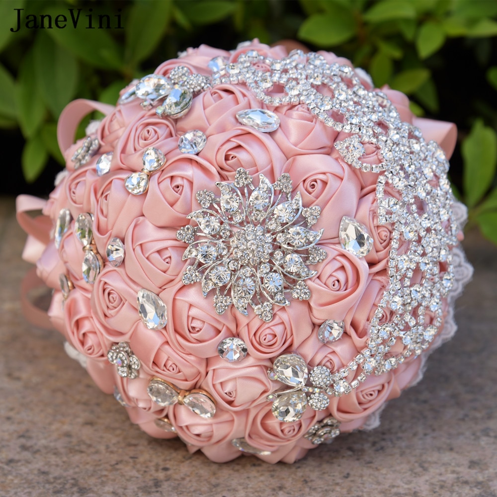 JaneVini Luxe Handgemaakte Satin Rose Bruidsboeketten Diamant Kristal Bruid Holding Bruiloft Bloemen Ramo Novia Flor Kunstmatige