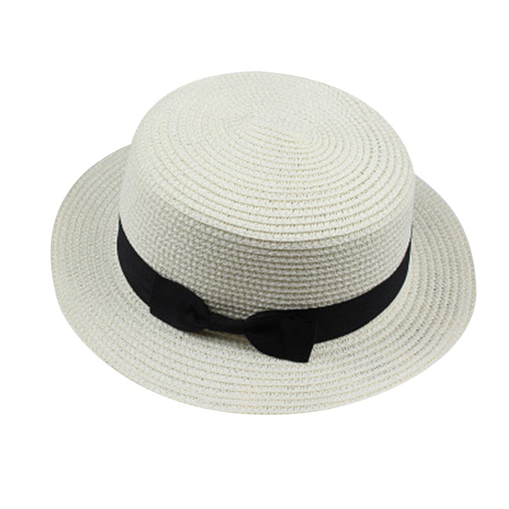 Sombrero plano redondo de paja para mujer, gorra de sol con lazo, cinta de verano, Color sólido
