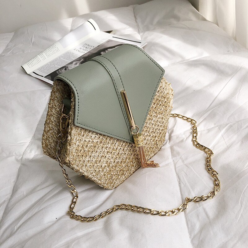 Summer Straw Women Handbags Pu Leather Small Tote Bags Women Casual Flap Crossbody Bags Tassel Shoulder Bag for Female: Green